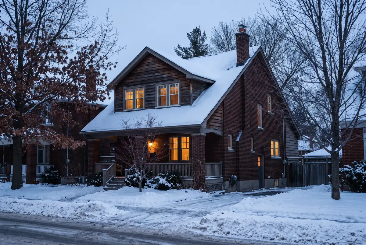 A Canadian house at twilight with snow on the roof and warm lit windows.