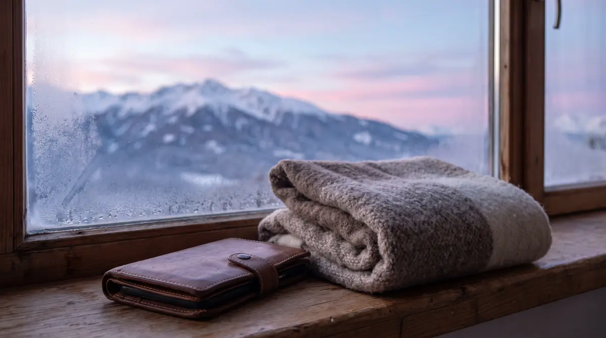 A wool scarf and travel wallet on a windowsill with mountains beyond.